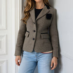 Load image into Gallery viewer, Brown Houndstooth Blazer Elegant Flower Brooch Jacket N5A907