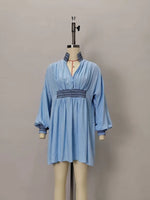 Load image into Gallery viewer, V-Neck Pleated Shirtdress Women Blue N6D142