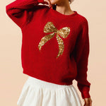 Load image into Gallery viewer, Red Sequin Bow Sweater Women Loose Knit Pullover N5A885