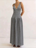 Load image into Gallery viewer, Summer Striped Tie-Waist V-Neck Maxi Dress N6F027