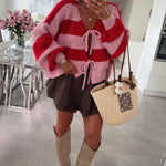 Load image into Gallery viewer, Striped Bow Tie Cardigan Women V Neck Loose Knit N5A842
