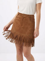 Load image into Gallery viewer, Retro Fringe Suede Panel Skirt Women Brown N6C107