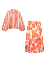 Load image into Gallery viewer, Striped Stand Collar Jacket Skirt Set Women N6F187