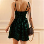 Load image into Gallery viewer, Dark Green Velvet Embossed Spag Strap Dress Women N5A943