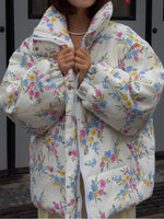 Load image into Gallery viewer, Printed Stand Collar Padded Jacket Women White N5A608