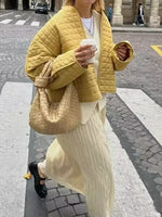 Load image into Gallery viewer, Black Yellow Plaid Cotton Jacket Women Round Neck N5A740