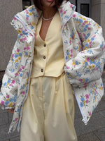 Load image into Gallery viewer, Printed Stand Collar Padded Jacket Women White N5A608