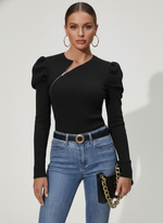 Load image into Gallery viewer, Black Knit Top Asymmetrical Zip Puff Sleeve Women N6B086