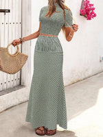 Load image into Gallery viewer, Green HW A Line Ruffle Plaid Skirt Top 2pc Set Women N5A955