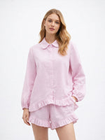 Load image into Gallery viewer, Striped Puff Sleeve Lapel Shirt and Shorts Set Women N6C188