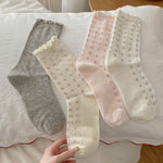 Load image into Gallery viewer, Diamond Grid Ruffle Trim Cotton Mid-Calf Socks Women N6H009
