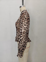 Load image into Gallery viewer, Leopard Print Bubble Sleeve Fitted Shirt Women N6C124