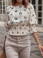 Load image into Gallery viewer, Floral Print Smocked Waist Blouse Women Beige Black N5A498