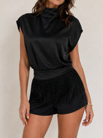 Load image into Gallery viewer, Black Stand Collar Sleeveless Fringe Shorts Set N6F257