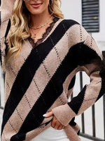 Load image into Gallery viewer, Color Block Lace V Neck Sweater Women Khaki N5A592