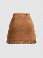 Load image into Gallery viewer, Retro Fringe Suede Panel Skirt Women Brown N6C107