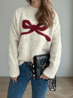 Load image into Gallery viewer, Bow Jacquard Knit Sweater Women Round Neck Loose Fit N5A844