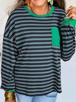 Load image into Gallery viewer, Green Stripe Drop Shoulder Pocket Sweatshirt Women N6B088