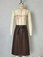 Load image into Gallery viewer, High Waist Bow Belt Leather Skirt A Line N6B090