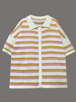 Load image into Gallery viewer, Knit Striped Lapel Short Sleeve Set Women N6D094