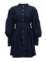 Load image into Gallery viewer, Denim Shirt Dress with Lantern Sleeve and Tie Belt N6C194