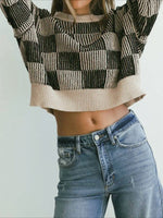 Load image into Gallery viewer, Checkered Knit Sweater Round Neck Long Sleeve N6B038