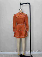 Load image into Gallery viewer, Caramel Contrast Topstitch Belted Satin Shirt Dress N6A093