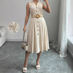 Load image into Gallery viewer, Khaki V Neck Shirt Dress Women Belted A Line N5A919