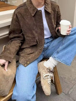 Load image into Gallery viewer, Brown Suede like Aviator Jacket Women Loose Fit Notch N5A745