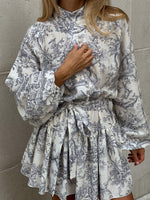 Load image into Gallery viewer, Ink Print Puff Sleeve Stand Collar A-line Dress Women N6C190