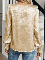 Load image into Gallery viewer, Gold Round Neck Long Sleeve Chiffon Top Women N6B069