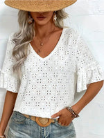 Load image into Gallery viewer, Knit Embroidered Cutout V-Neck Ruffle Top N6F194