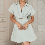 Load image into Gallery viewer, Light Green Stripe Tie Collar Hollow Dress Women N5A951