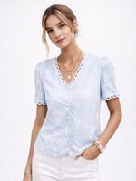 Load image into Gallery viewer, Lace Trim V Neck Short Sleeve Chiffon Blouse Women N6C104