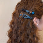 Load image into Gallery viewer, Bear Ball Tartan Hair Clip Women Blue Plaid Side S5P761