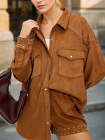 Load image into Gallery viewer, Notch Lapel Rivet Loose Shirt Jacket Women N6C127