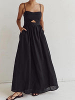 Load image into Gallery viewer, Black High Waist Spaghetti Strap French Midi Dress N6D090