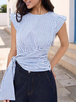 Load image into Gallery viewer, Blue Striped Round Neck Sleeveless Slim Crop Top N6F227