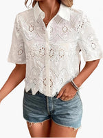 Load image into Gallery viewer, Sheer Crochet Notched Collar Blouse Women N6A187