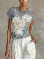 Load image into Gallery viewer, Gray Floral Print Chiffon Short Sleeve T-Shirt Women N6F247