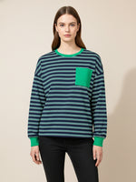 Load image into Gallery viewer, Green Stripe Drop Shoulder Pocket Sweatshirt Women N6B088