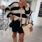 Load image into Gallery viewer, Striped Bow Tie Cardigan Women V Neck Loose Knit N5A842