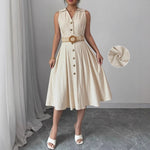 Load image into Gallery viewer, Khaki V Neck Shirt Dress Women Belted A Line N5A919