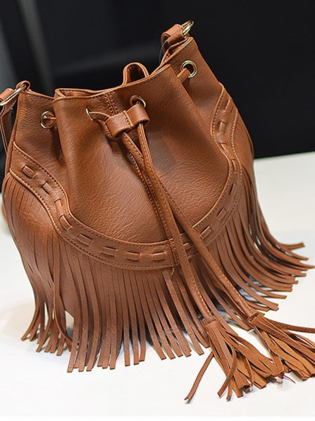 Handmade Fringe Drawstring Bucket Bag Women N6C220