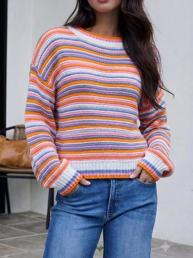 Striped Round Neck Oversized Knit Pullover Women N6G184