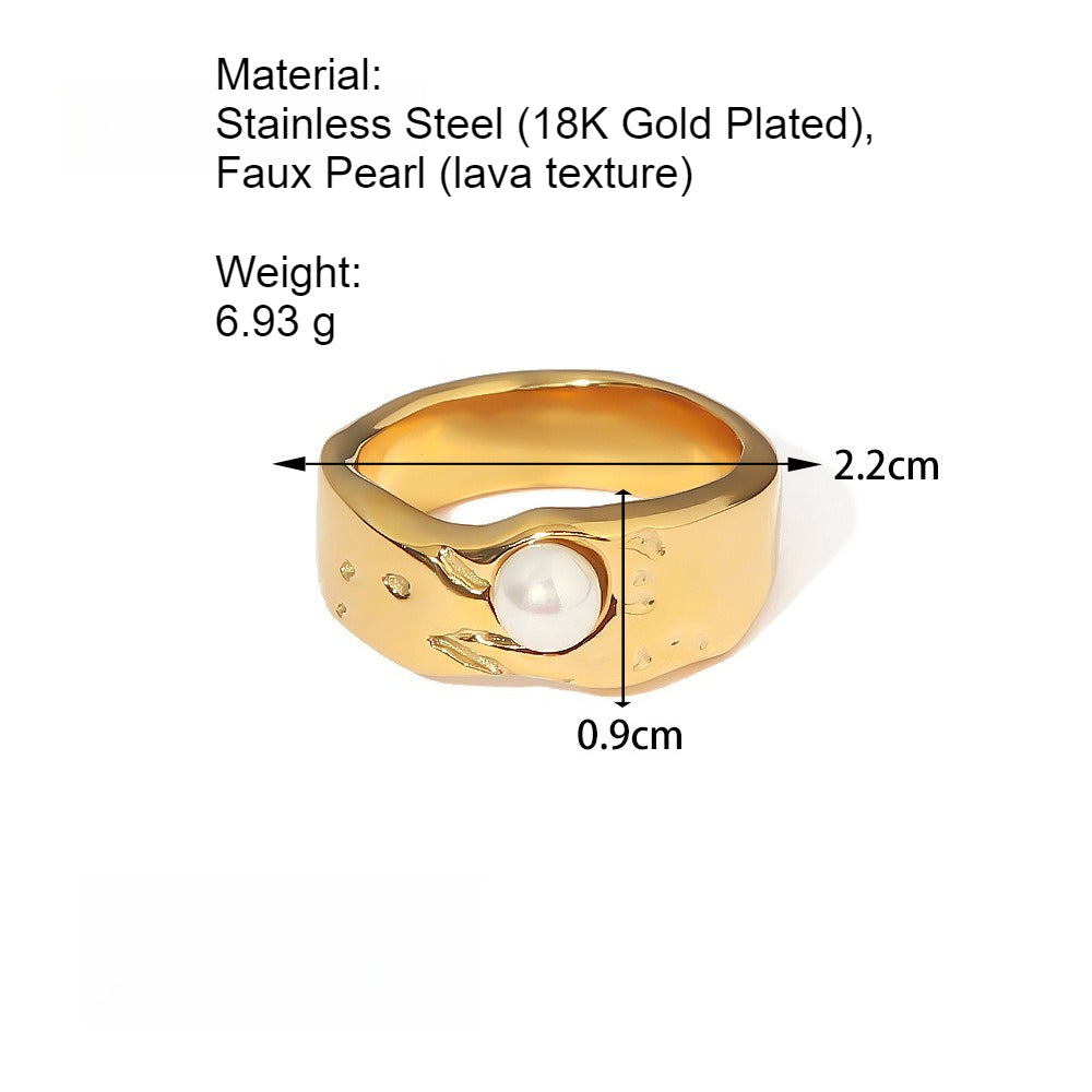 18K Gold Plated Lava Pearl Ring Women Titanium Steel N6H166