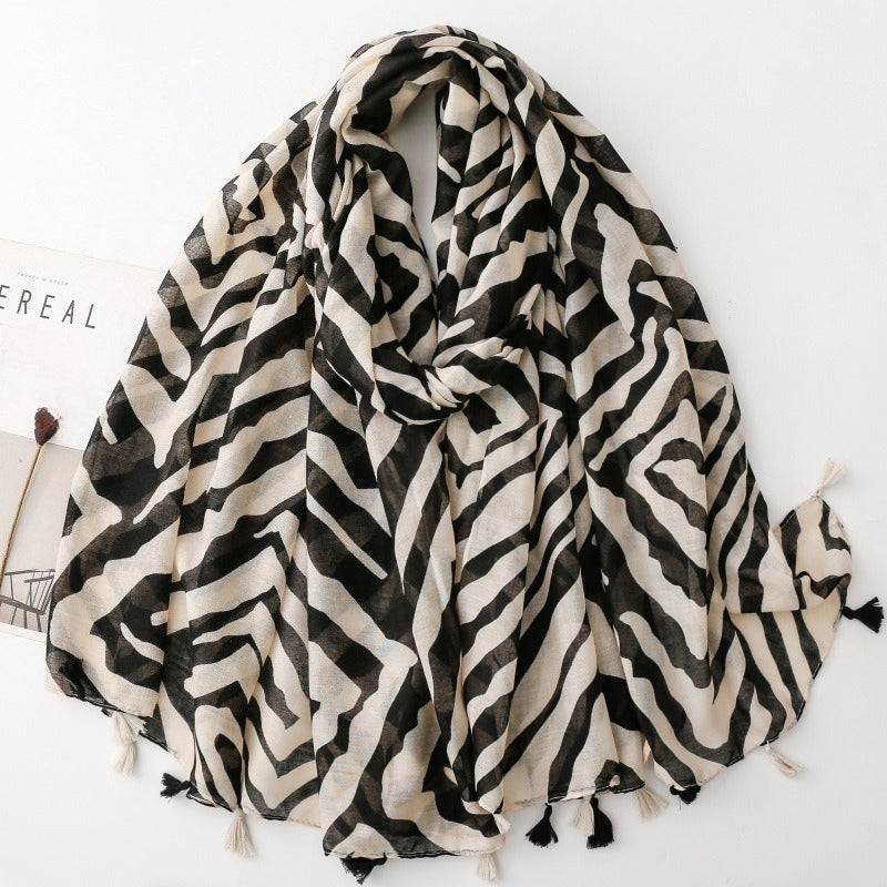 Zebra Print Fringe Scarf Shawl Women Vacation N6H254