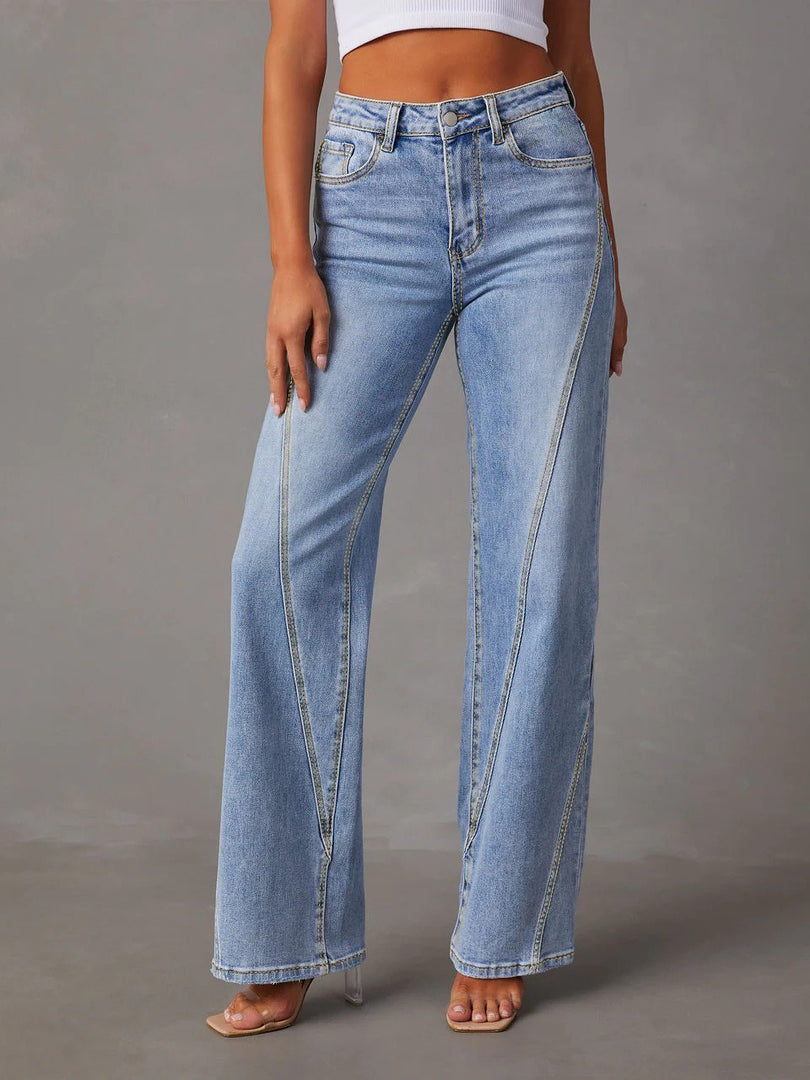Patchwork Wide Leg Flare Jeans Women Blue N6D155