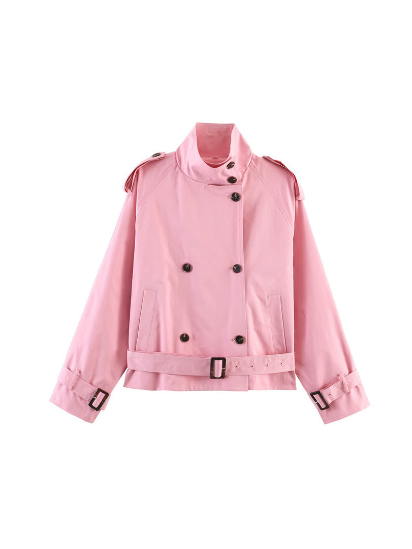 Loose Belted Double-Breasted Stand Collar Coat Women N6H125