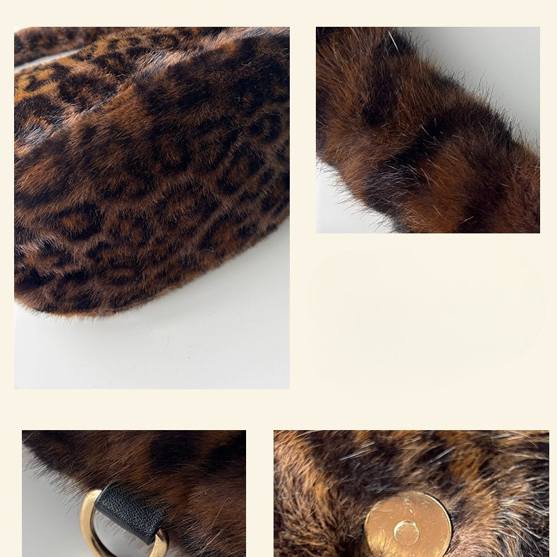 Women's Plush Leopard Print Tote Shoulder Bag N6J155